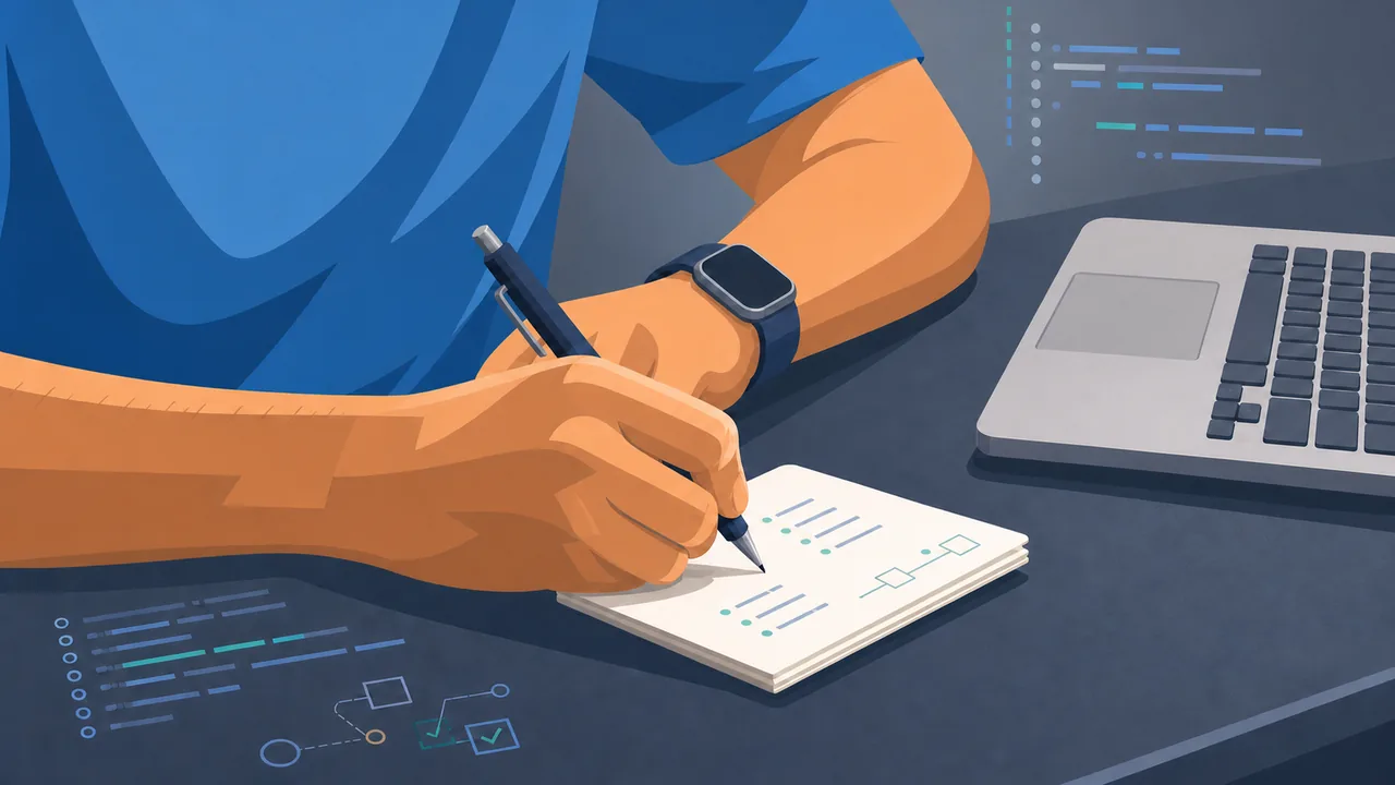 A vector-style illustration of a person writing notes beside a laptop with subtle code and workflow overlays