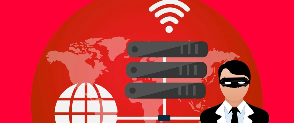 An image representing IT security of servers, a globe, an internet symbol and a masked hacker