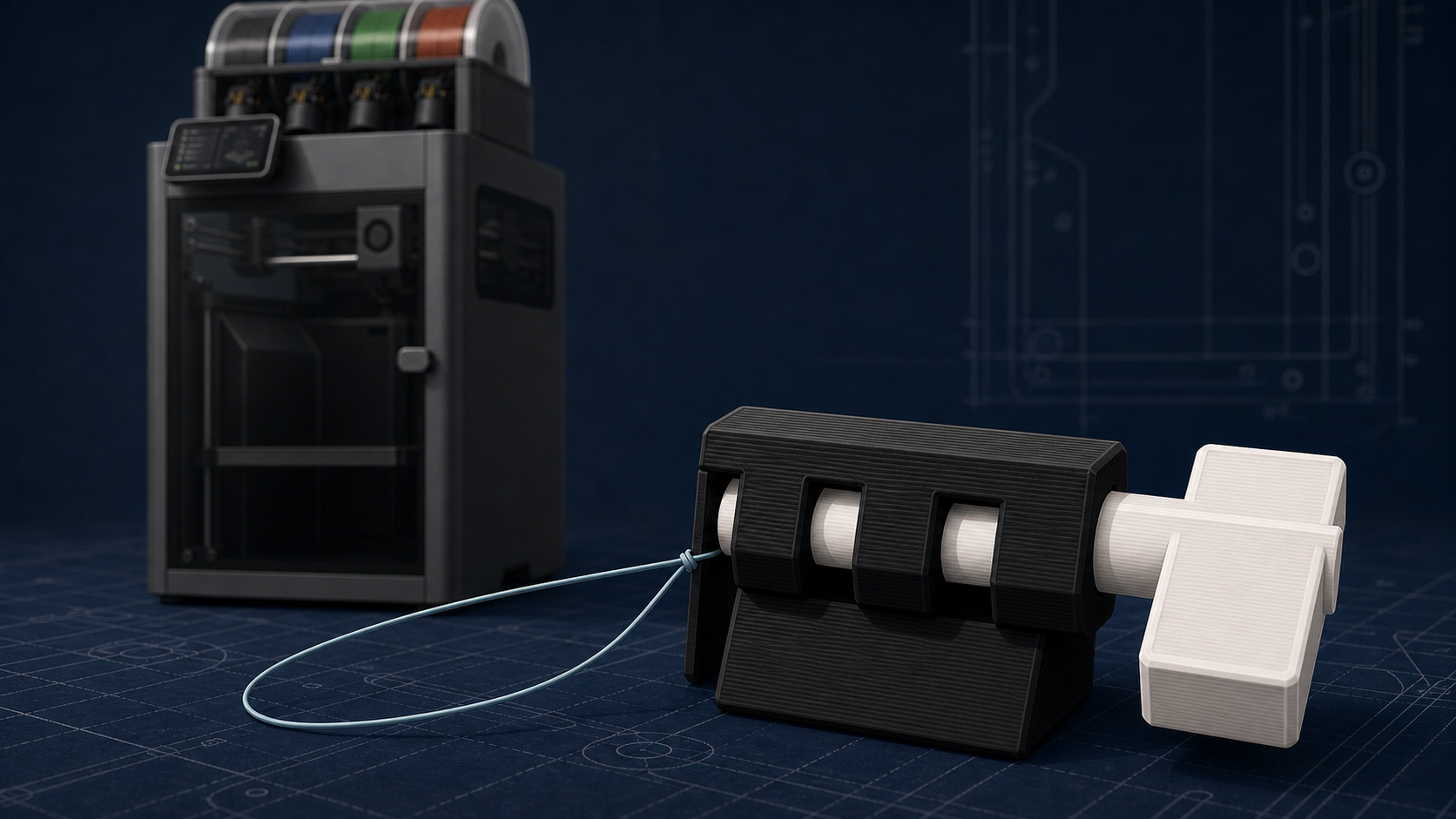 A close-up vector-style illustration of a 3D-printed adhesive removal tool in front of a tall 3D printer.